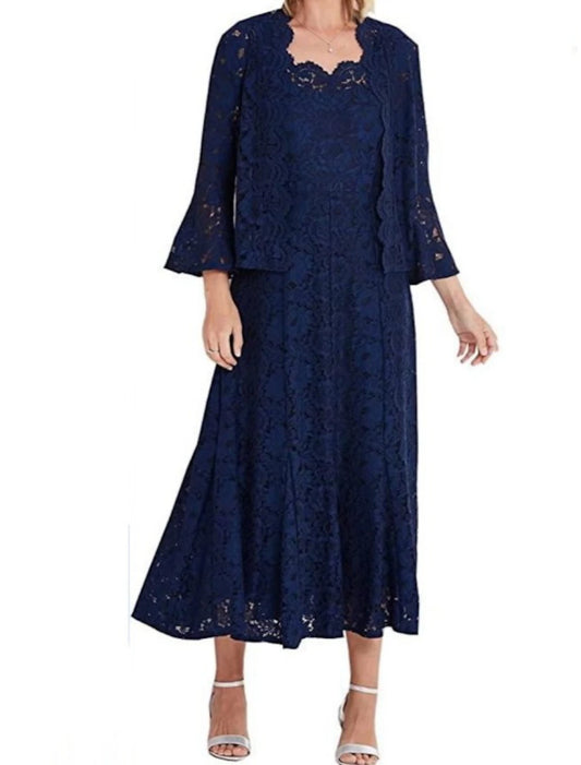 Two Piece Mother of the Bride Dress Wedding Guest Vintage Elegant Scoop Neck Tea Length Lace Long Sleeve with Pleats Solid Color