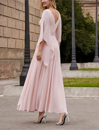 A-Line Mother of the Bride Dress Formal Wedding Guest Elegant Bateau Neck Ankle Length Chiffon 3/4 Length Sleeve with Beading Sequin