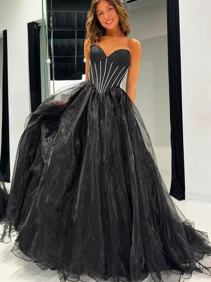 Strapless Black Tulle Long Prom Dresses Long Black Formal Graduation Evening Dresses