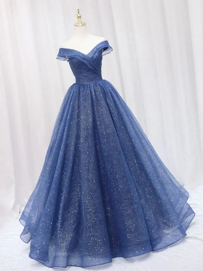 Sparkling Off Shoulder Navy Blue Tulle Long Prom Dresses Graduation Evening Dresses