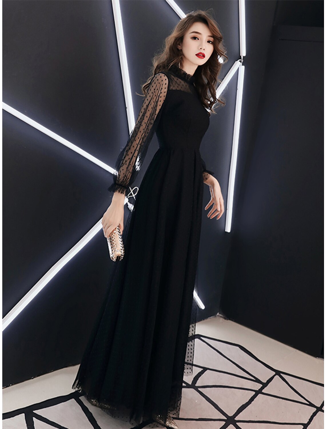 A-Line Little Black Dress Elegant Party Wear Prom Dress High Neck Long Sleeve Floor Length Lace with Ruffles