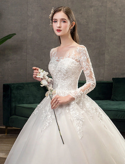 Engagement Formal Fall Wedding Dresses Ball Gown Illusion Neck Long Sleeve Cathedral Train Lace Bridal Gowns With Pleats Appliques Summer Wedding Party