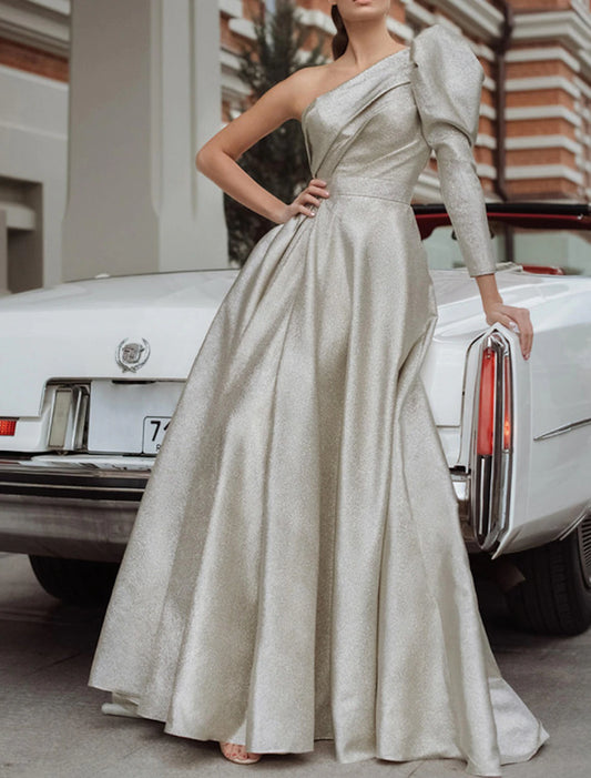 A-Line Evening Gown Elegant Dress Formal Wedding Guest Floor Length Long Sleeve One Shoulder Sequined with Pleats