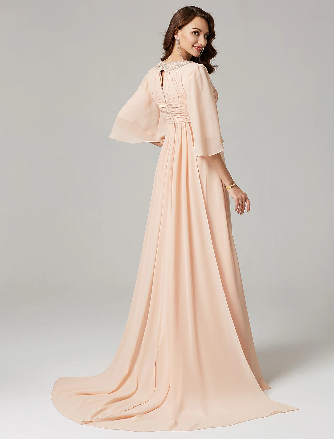 A-Line Special Occasion Dresses Elegant Dress Wedding Guest Sweep / Brush Train Half Sleeve Jewel Neck Chiffon with Beading Draping