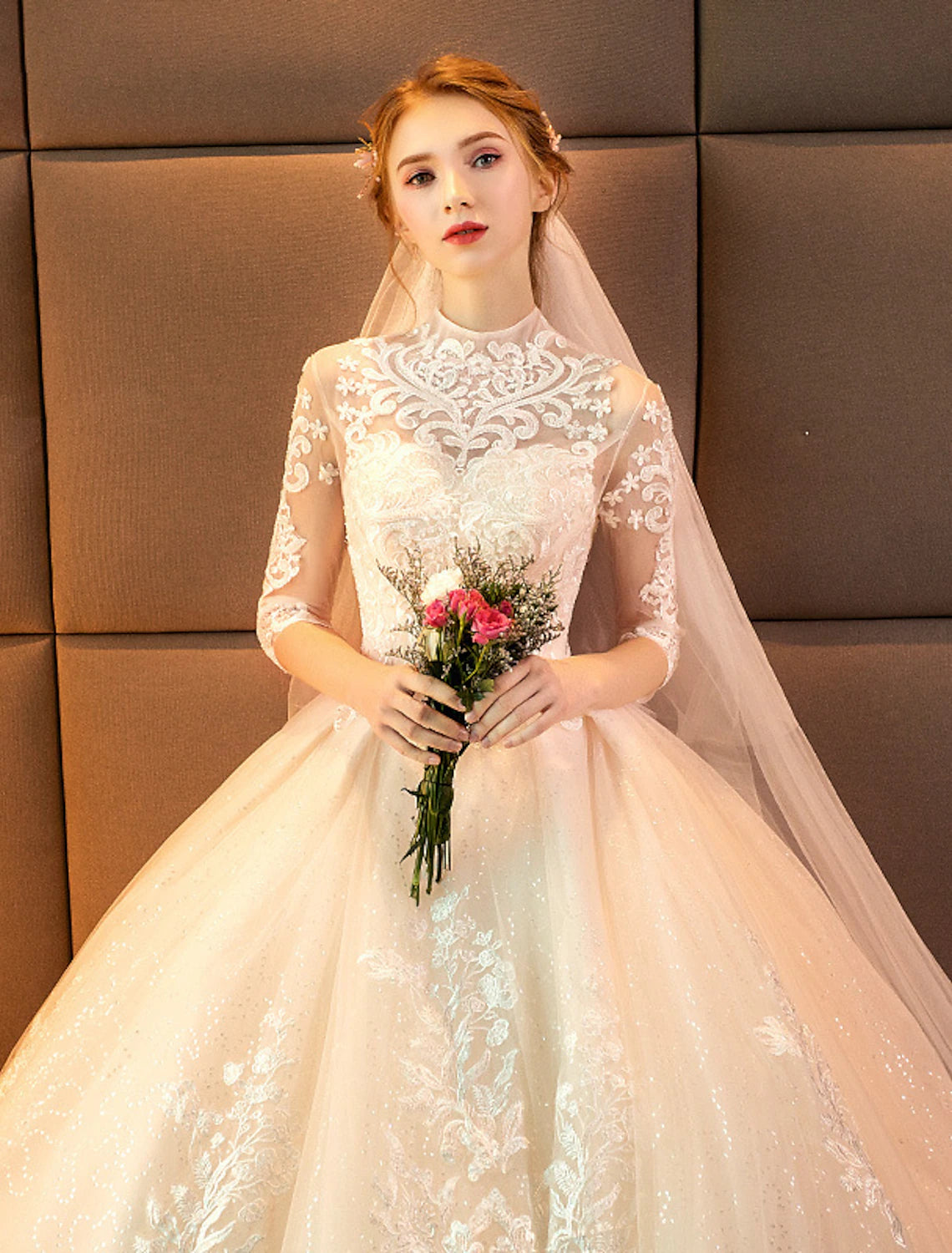 Engagement Sparkle & Shine Formal Fall Wedding Dresses Ball Gown High Neck Long Sleeve Cathedral Train Lace Bridal Gowns With Sequin Appliques Summer Wedding Party