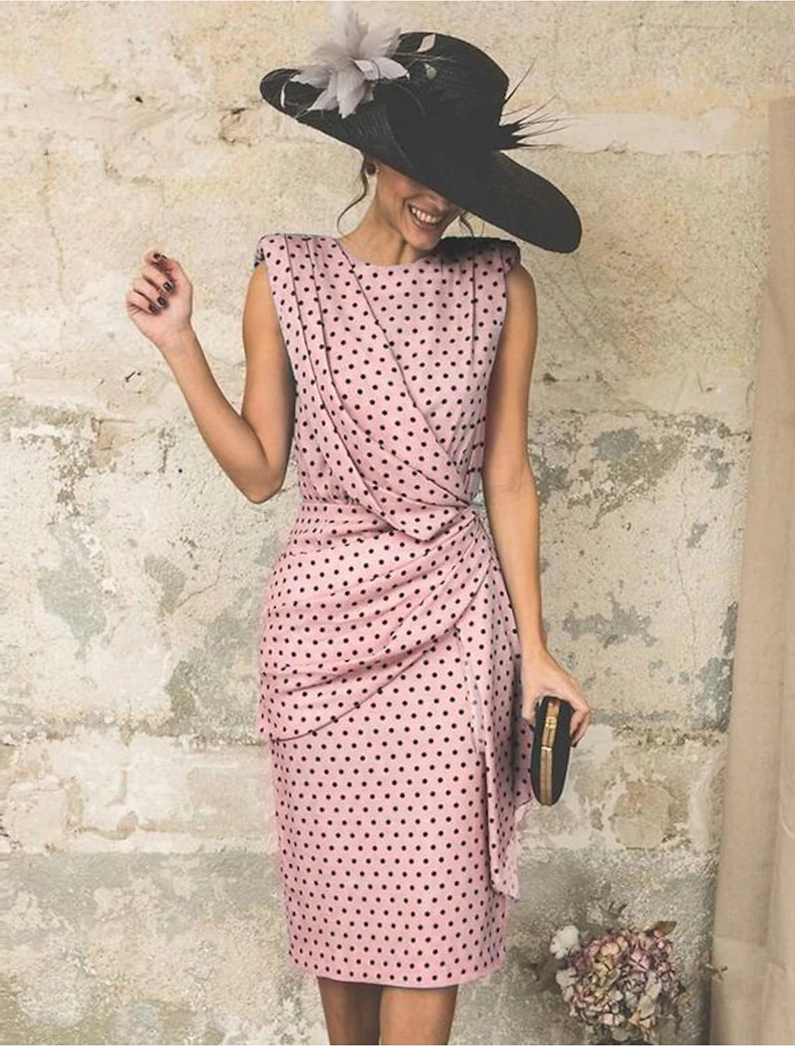 Women's Sheath Dress Knee Length Dress White Pink Red Light Blue Sleeveless Polka Dot Print Ruched Spring Summer Round Neck Elegant Casual Vintage Party