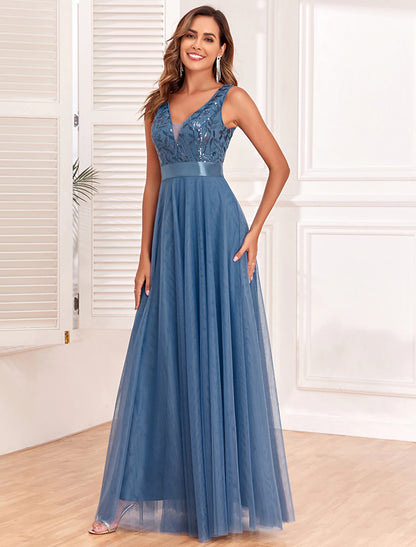 A-Line Evening Gown Empire Dress Evening Party Prom Floor Length Sleeveless V Neck Belt / Sash Tulle V Back with Glitter Embroidery