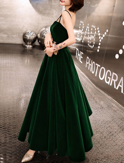 A-Line Prom Dresses Beautiful Back Dress Wedding Guest Prom Ankle Length Sleeveless Spaghetti Strap Velvet with Sleek Pleats