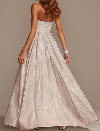 A-Line Sparkle Sexy Engagement Prom Dress Strapless Sleeveless Floor Length Sequined with Pleats Sequin