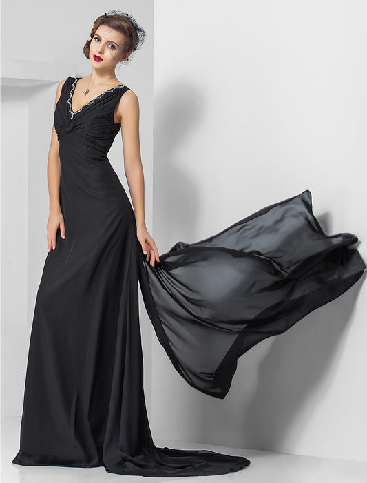 Sheath / Column Elegant Engagement Formal Evening Dress V Neck Sleeveless Sweep / Brush Train Chiffon with Crystals Draping