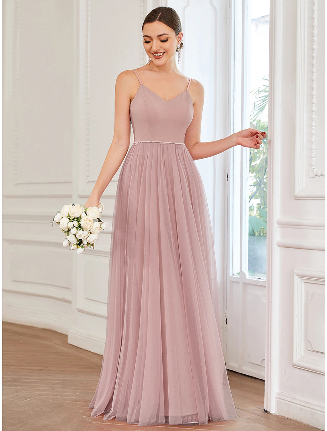 A-Line Prom Dresses Vintage Dress Wedding Guest Prom Floor Length Sleeveless V Neck Bridesmaid Dress Tulle V Back with Pleats Draping