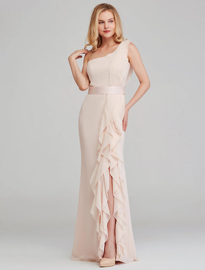 Sheath / Column Bridesmaid Dress One Shoulder Sleeveless Elegant Long Length Chiffon with Cascading Ruffles