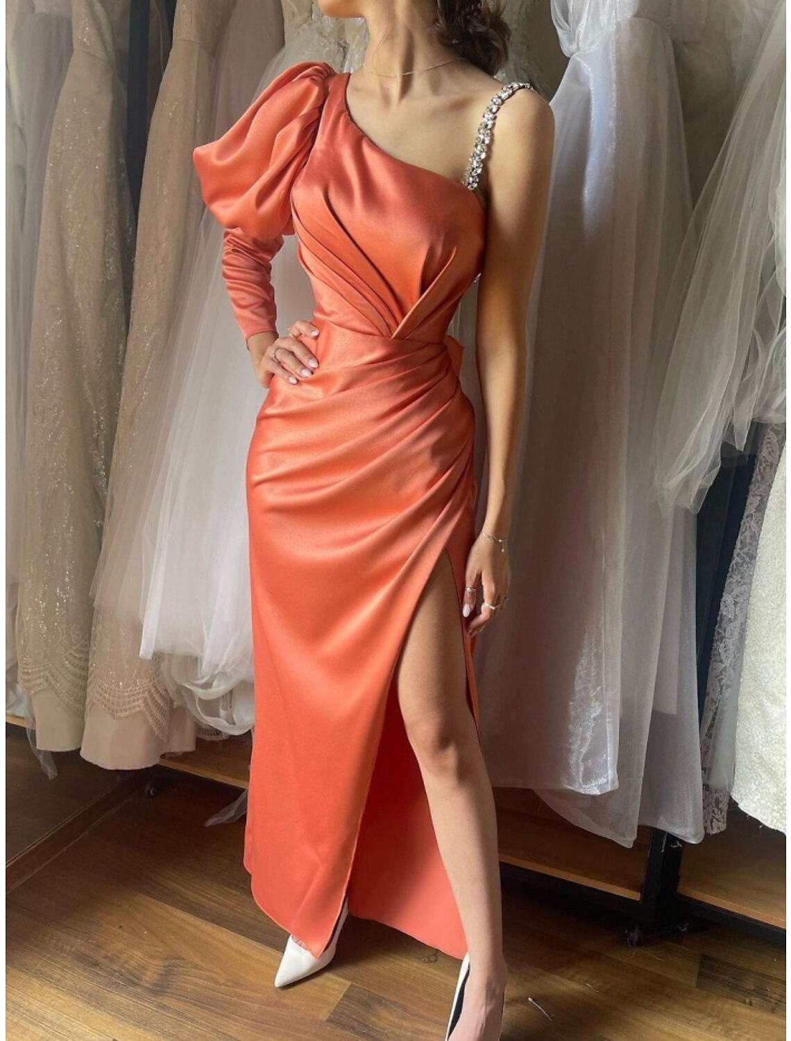 Sheath / Column Evening Gown Elegant Dress Formal Ankle Length Long Sleeve Boat Neck Satin with Ruched Crystals Slit