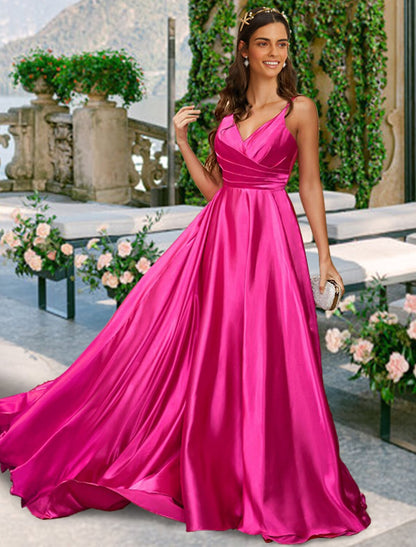 A-Line Bridesmaid Dress V Neck / Spaghetti Strap Sleeveless Sexy Sweep / Brush Train Charmeuse with Pleats / Solid Color