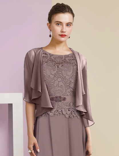 Two Piece A-Line Mother of the Bride Dress Formal Wedding Guest Elegant Scoop Neck Floor Length Chiffon Lace 3/4 Length Sleeve Wrap Included with Appliques Crystal Brooch
