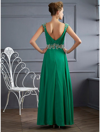 A-Line Evening Gown Sparkle & Shine Dress Formal Prom Floor Length Sleeveless V Neck Chiffon with Rhinestone Ruched