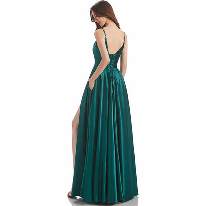 Satin Bridesmaid Dresses Long Spaghetti Strap Prom Dress Evening Gowns