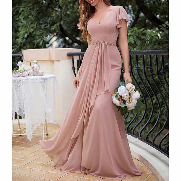 Bridesmaid Dresses Short Sleeve Long Prom Dress V Neck Evening Gown