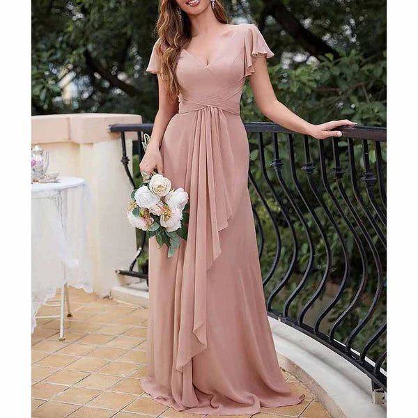 Bridesmaid Dresses Short Sleeve Long Prom Dress V Neck Evening Gown