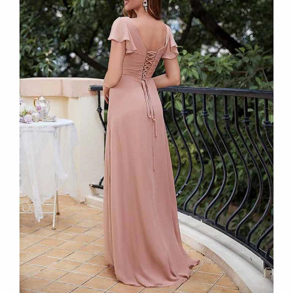 Bridesmaid Dresses Short Sleeve Long Prom Dress V Neck Evening Gown