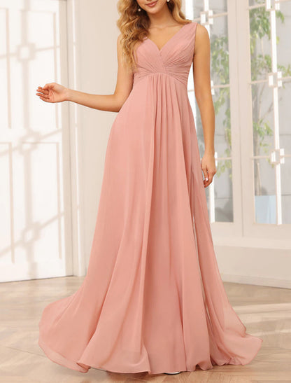 A-Line Bridesmaid Dress V Neck Sleeveless Pink Floor Length Chiffon with Split Front / Ruching