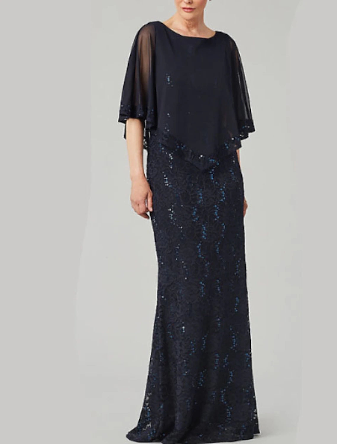 Sheath / Column Mother of the Bride Dress Wedding Guest Elegant & Luxurious Jewel Neck Floor Length Chiffon Half Sleeve with Lace Beading Embroidery Fall