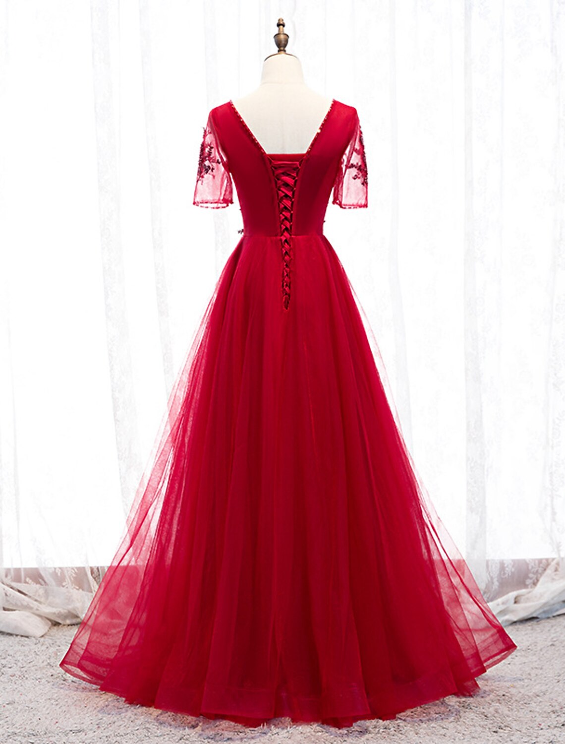 A-Line Prom Dresses Luxurious Dress Wedding Guest Formal Evening Floor Length Short Sleeve Spaghetti Strap Tulle with Beading Appliques