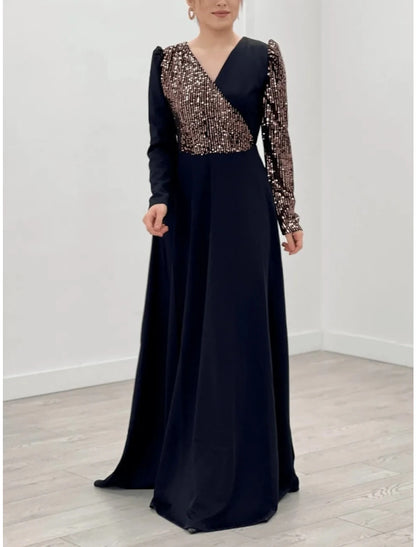 A-Line Evening Gown Sparkle & Shine Dress Formal Fall Sweep / Brush Train Long Sleeve V Neck Chiffon with Glitter Pleats