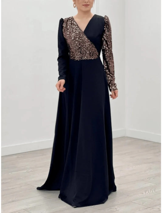 A-Line Evening Gown Sparkle & Shine Dress Formal Fall Sweep / Brush Train Long Sleeve V Neck Chiffon with Glitter Pleats