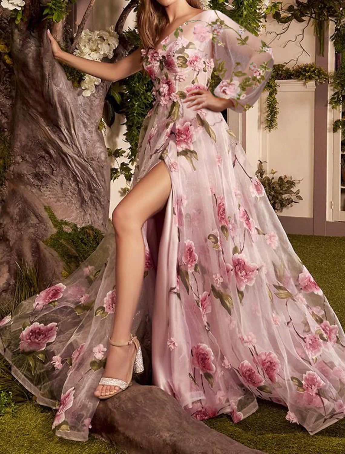 A-Line Prom Dresses Floral Dress Formal Wedding Guest Sweep / Brush Train Long Sleeve One Shoulder Lace with Floral Print