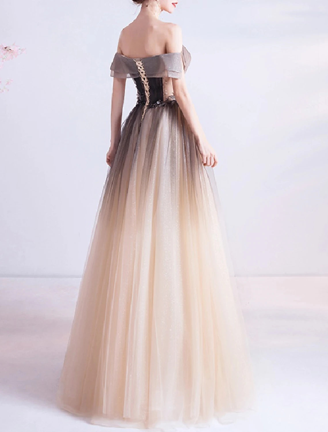 Ball Gown Princess Prom Dress Off Shoulder Sleeveless Floor Length Tulle with Crystals Appliques