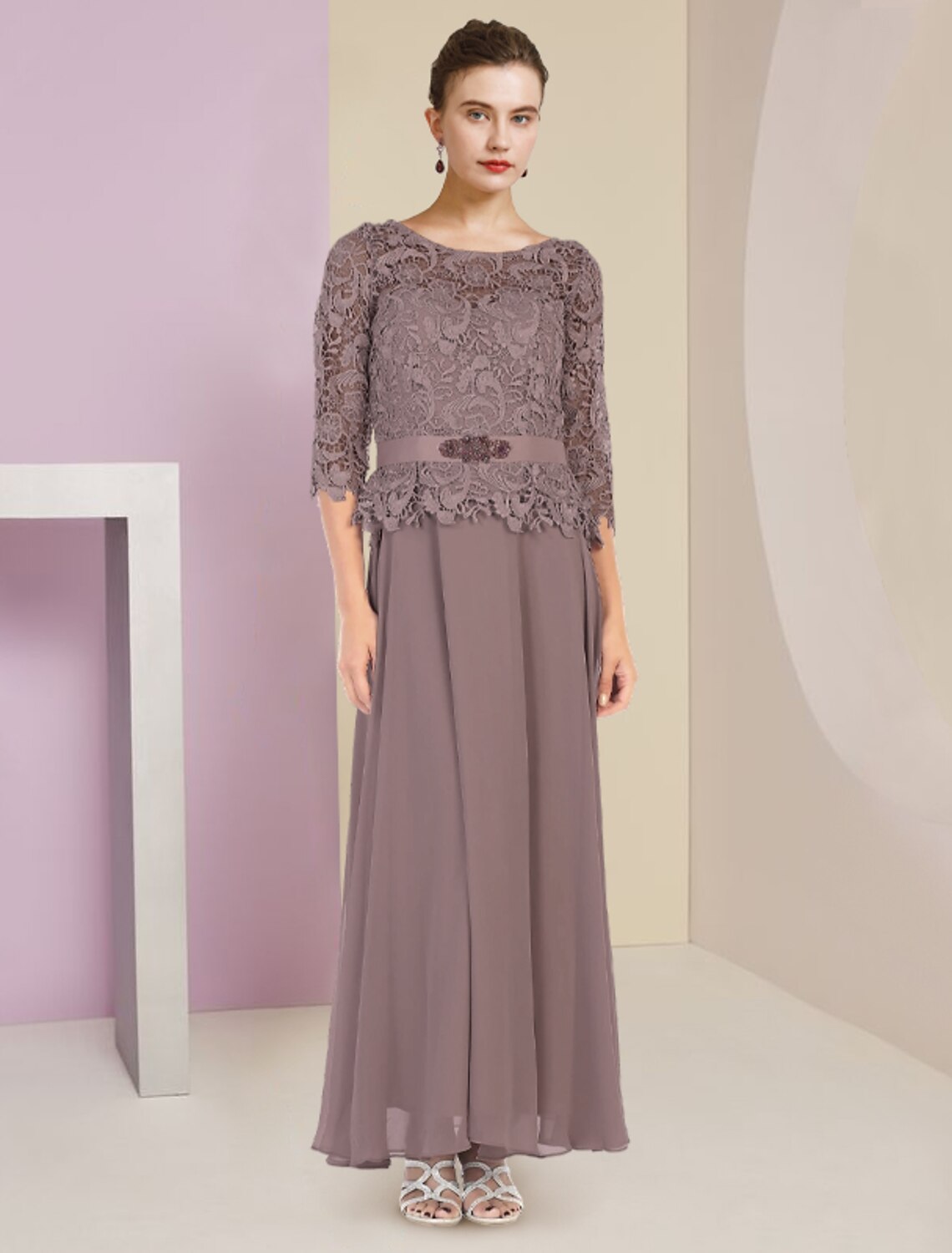 Two Piece A-Line Mother of the Bride Dress Formal Wedding Guest Elegant Scoop Neck Floor Length Chiffon Lace 3/4 Length Sleeve Wrap Included with Appliques Crystal Brooch