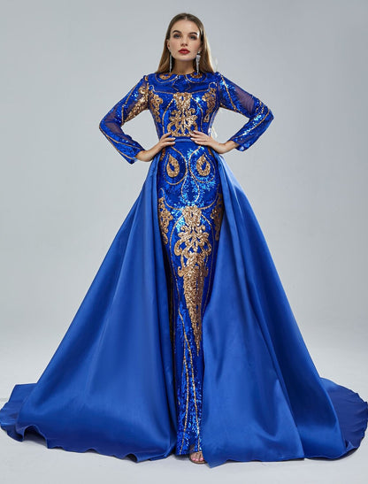 Mermaid / Trumpet Evening Gown Elegant Dress Engagement Chapel Train Short Sleeve Jewel Neck Sequined with Sequin