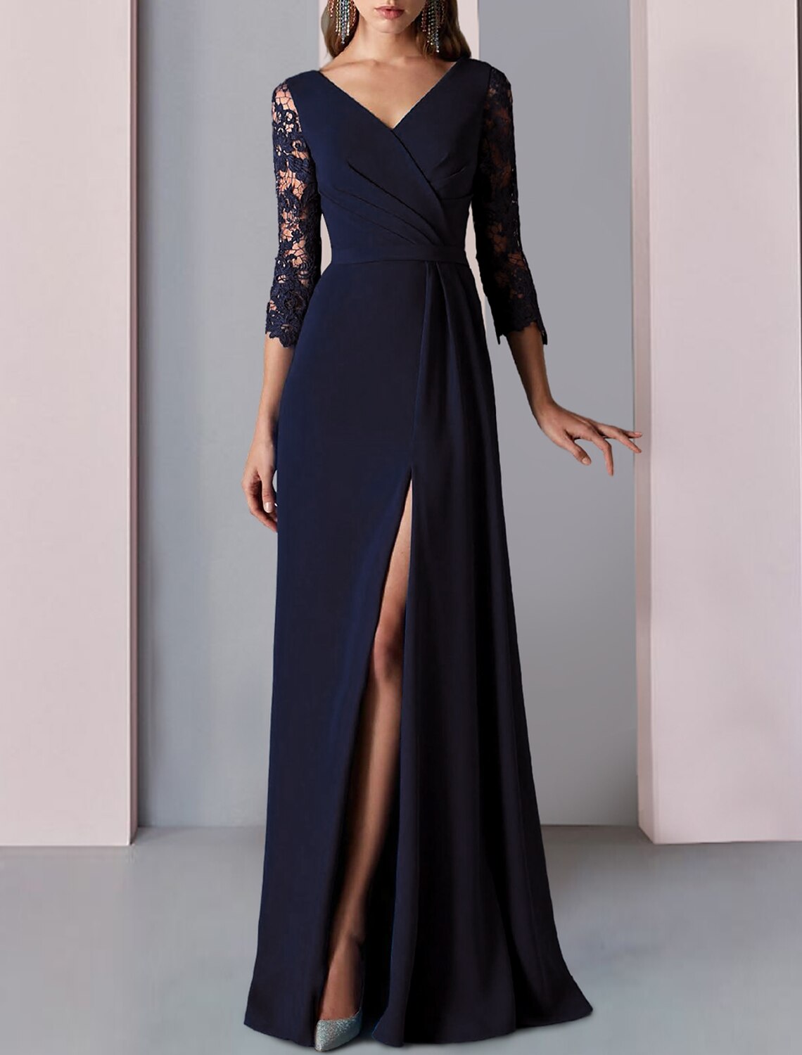 A-Line Mother of the Bride Dress Formal Wedding Guest Party Elegant V Neck Floor Length Lace Stretch Chiffon 3/4 Length Sleeve with Appliques Split Front