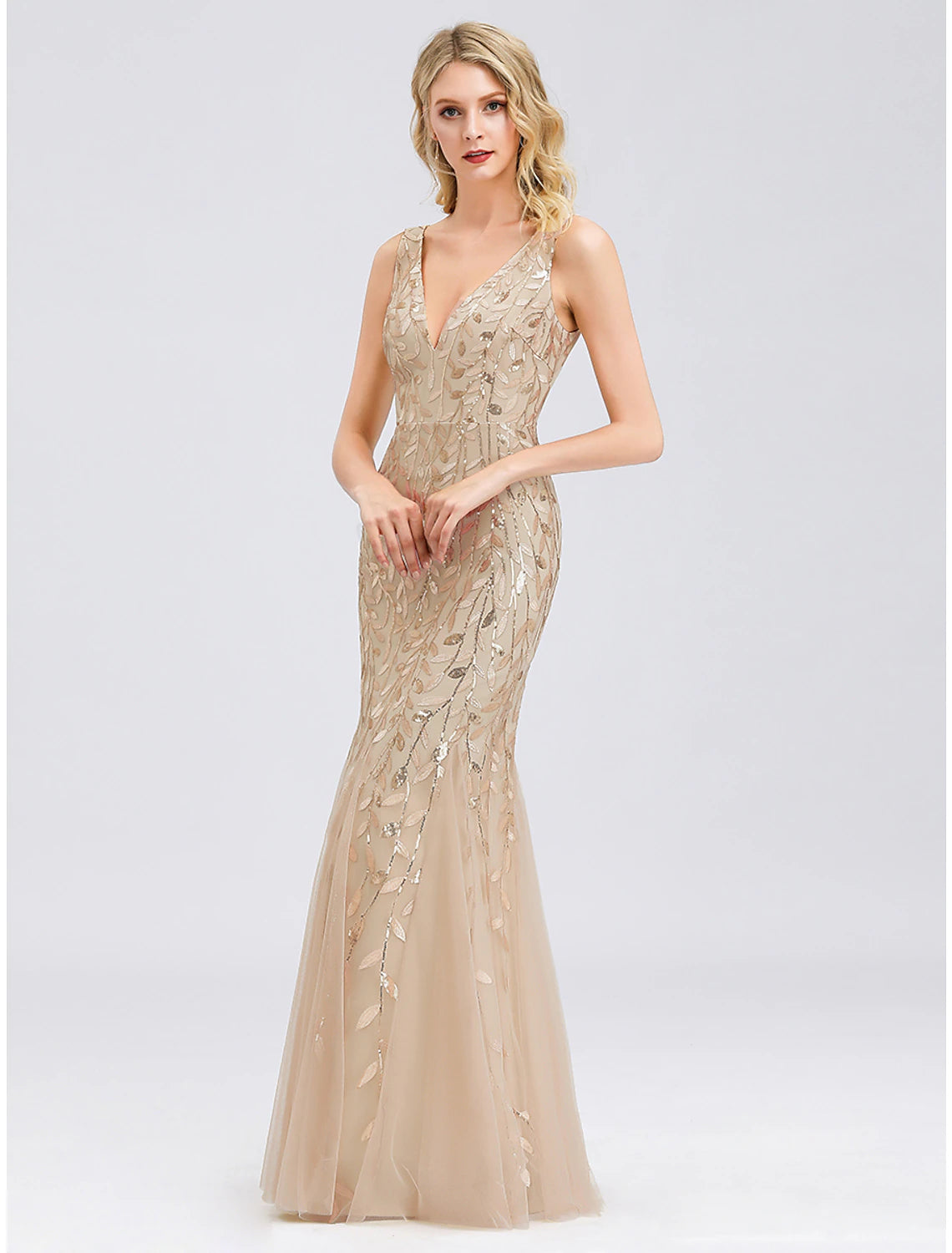 Mermaid / Trumpet Sparkle Sexy Prom Formal Evening Valentine‘s Day Dress V Neck V Back Sleeveless Floor Length Tulle with Sequin Appliques