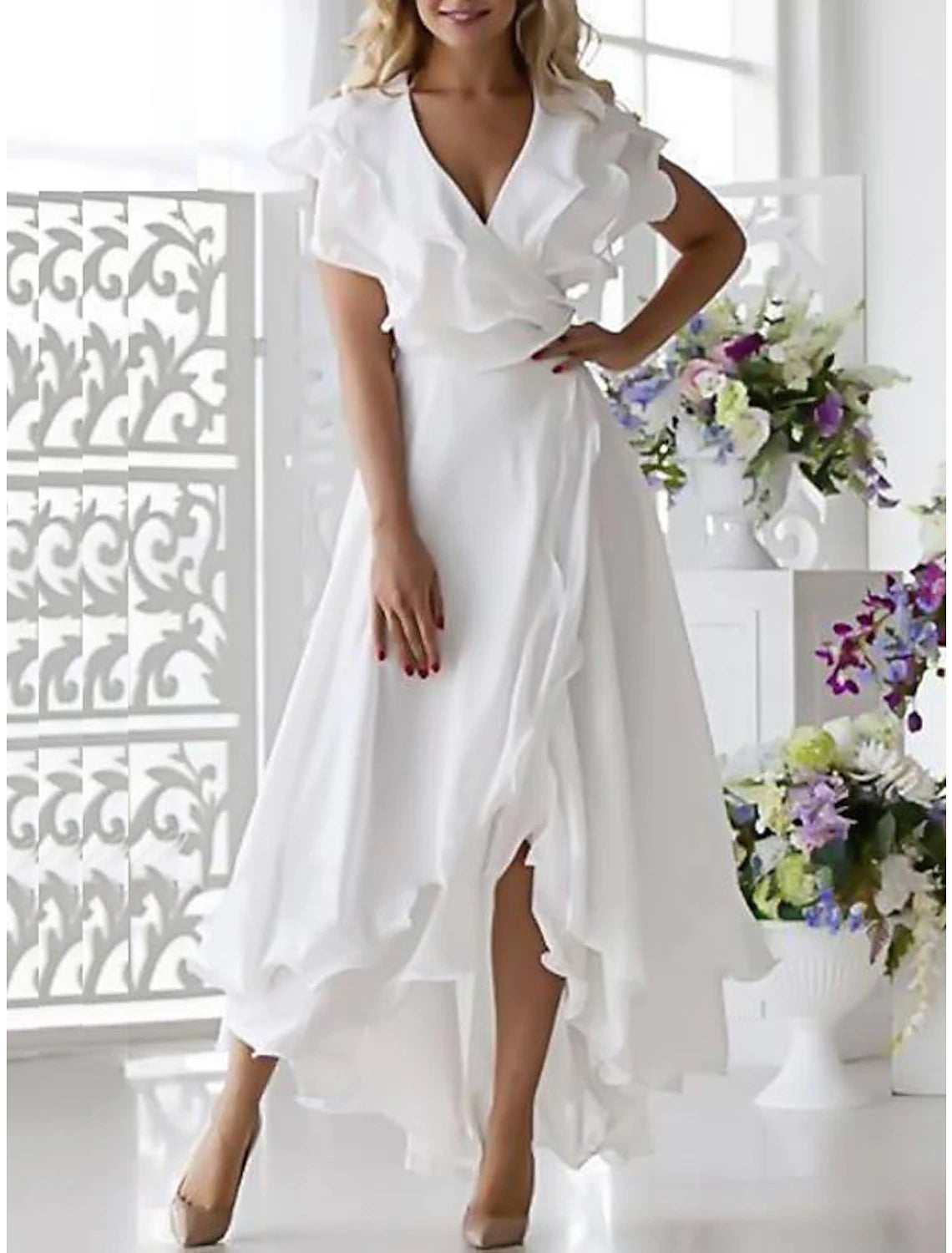 A-Line Mother of the Bride Dress Fall Wedding Guest Elegant High Low V Neck Asymmetrical Chiffon Short Sleeve with Ruffles Split Front