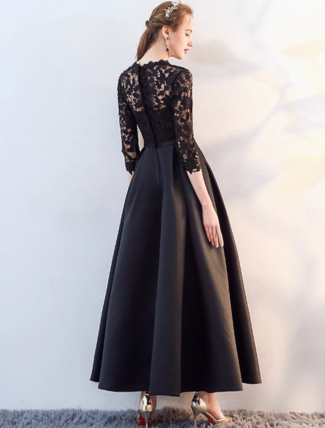 A-Line Mother of the Bride Dress Elegant Jewel Neck Ankle Length Satin Lace 3/4 Length Sleeve with Lace Appliques