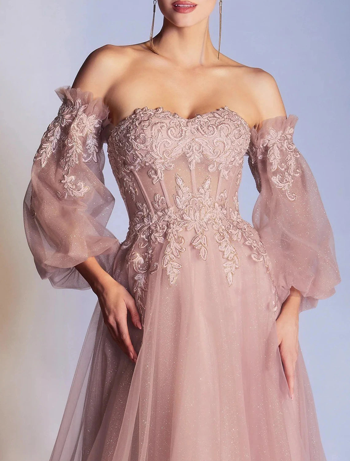 A-Line Prom Dresses Elegant Dress Formal Prom Floor Length 3/4 Length Sleeve Off Shoulder Lace Backless with Appliques