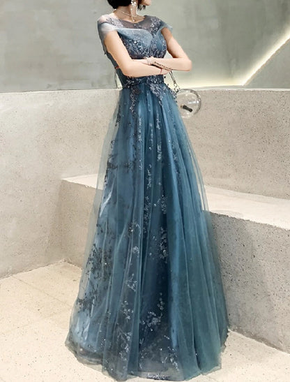 A-Line Mother of the Bride Dress Fall Wedding Guest Dresses Elegant Jewel Neck Floor Length Tulle Short Sleeve with Pleats Appliques