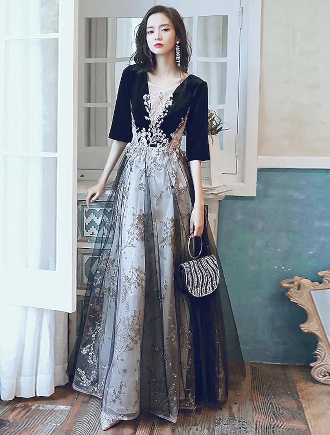 A-Line Glittering Cut Out Party Wear Formal Evening Dress Illusion Neck Half Sleeve Floor Length Velvet with Sequin Appliques