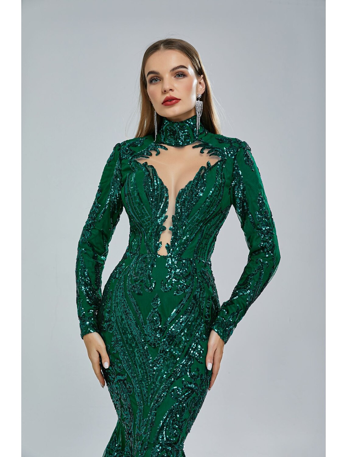 Mermaid Party Dress Evening Gown Sparkle & Shine Dress Carnival Engagement Court Train Long Sleeve Stand Collar Lace with Sequin