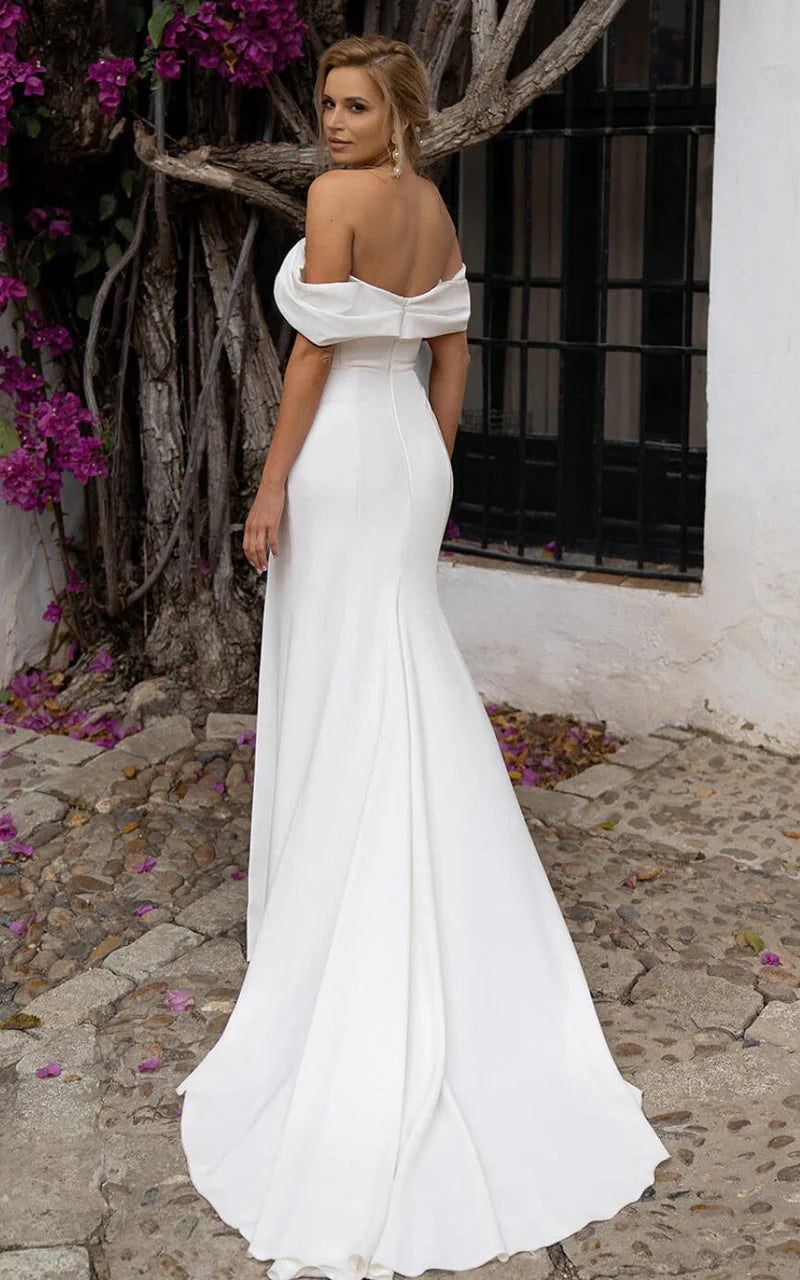 Sheath Satin Off-the-Shoulder Wedding Dress Open Back With Slit