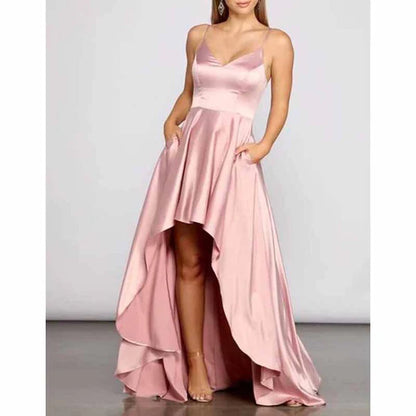 High Low Satin Bridesmaid Dress Prom Dresses With Pockets