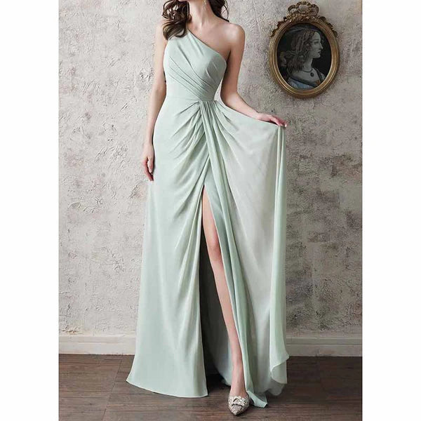 One Shoulder Bridesmaid Dress Long Ruched A Line Formal Dress with Slit