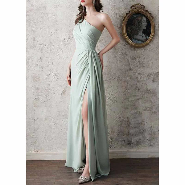 One Shoulder Bridesmaid Dress Long Ruched A Line Formal Dress with Slit