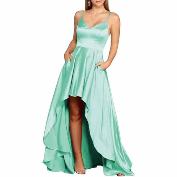 High Low Satin Bridesmaid Dress Prom Dresses With Pockets