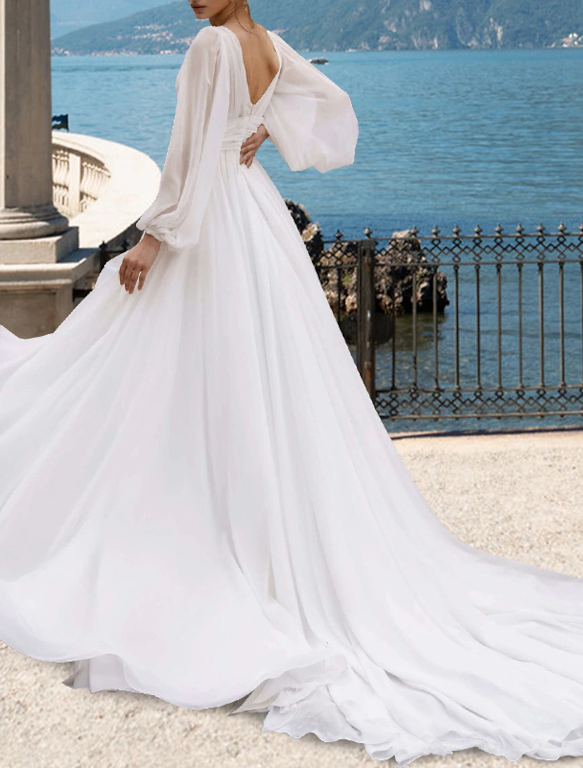 Beach Sexy Wedding Dresses A-Line V Neck Long Sleeve Court Train Chiffon Bridal Gowns With Pleats Split Front