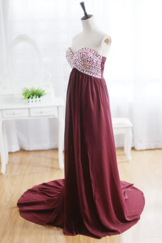 Wine Red Burgundy Chiffon Bridesmaid Dress Prom Dress Strapless Beaded Dress