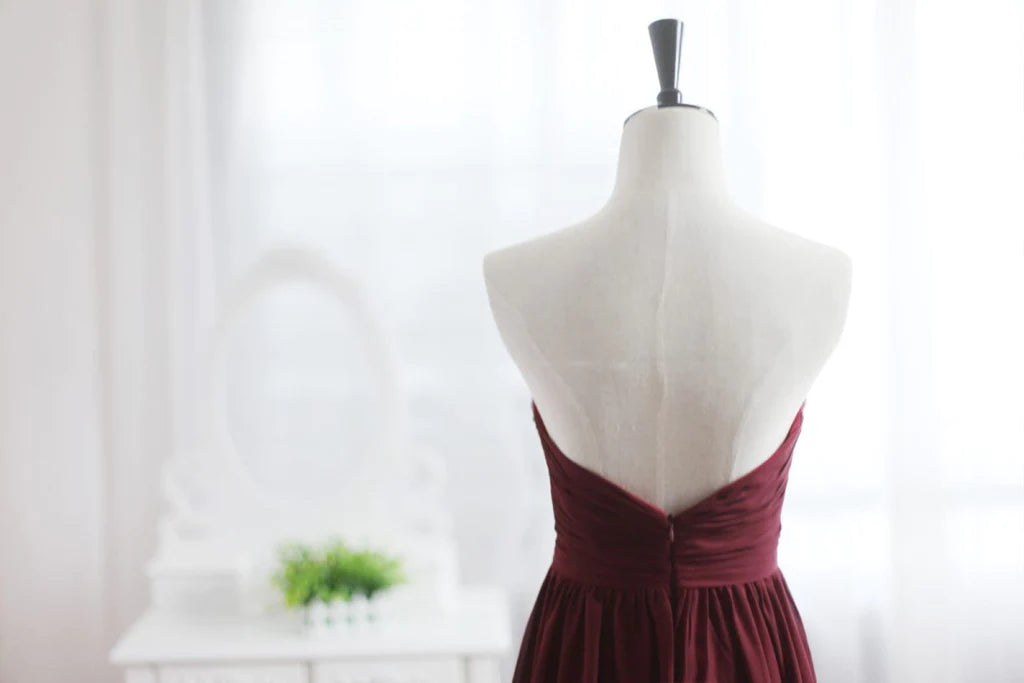 Wine Red Burgundy Chiffon Bridesmaid Dress Prom Dress Strapless Beaded Dress