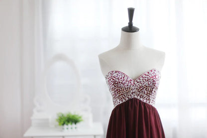 Wine Red Burgundy Chiffon Bridesmaid Dress Prom Dress Strapless Beaded Dress